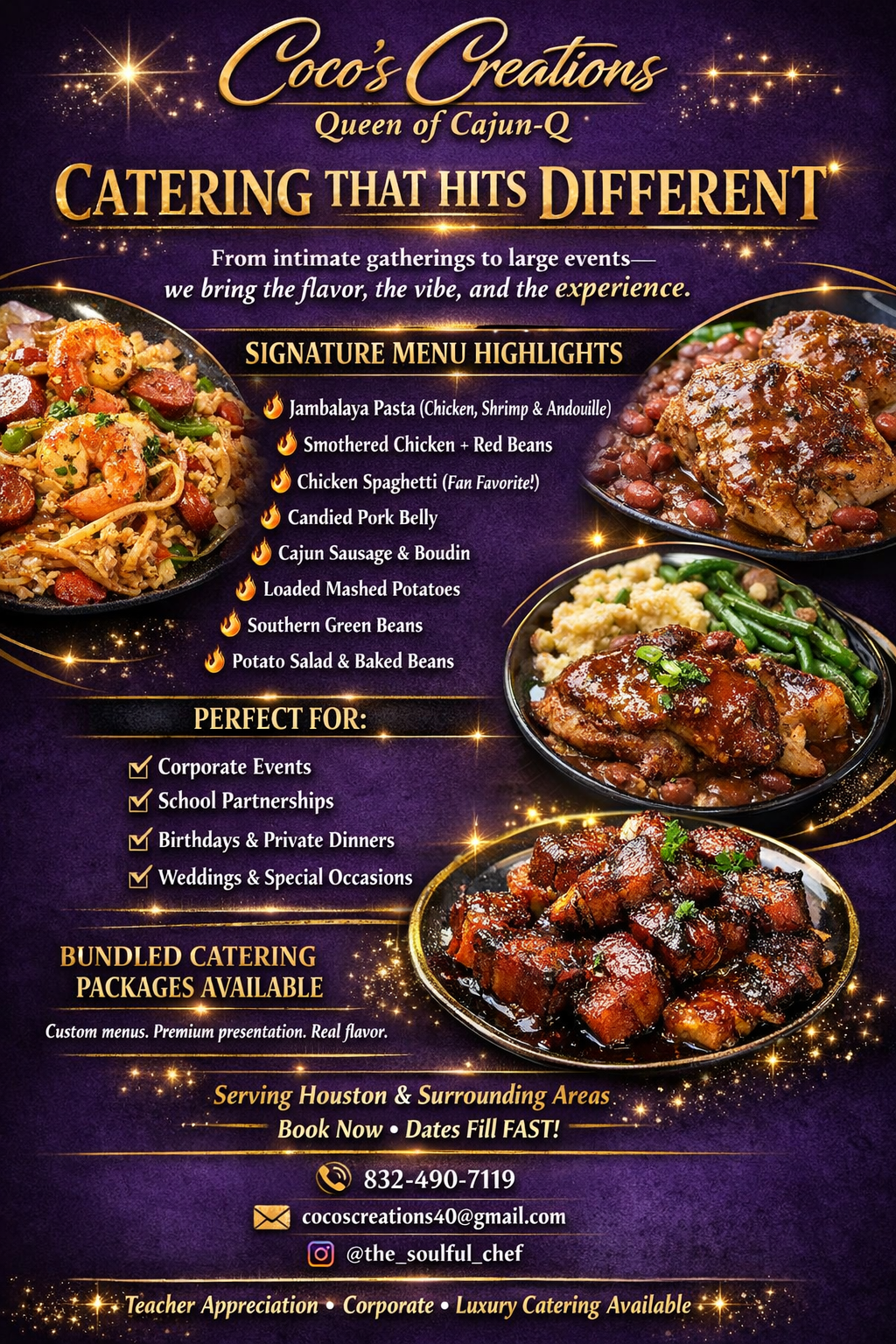 Coco's Creations catering menu — signature dishes, packages, and contact info